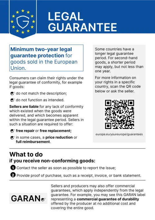 Legal guarantee: at least two years of legal guarantee of conformity for goods sold in the EU (official EU notice)