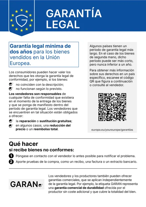 Garantía legal: al menos dos años de garantía legal de conformidad para los bienes vendidos en la UE (aviso oficial de la UE)